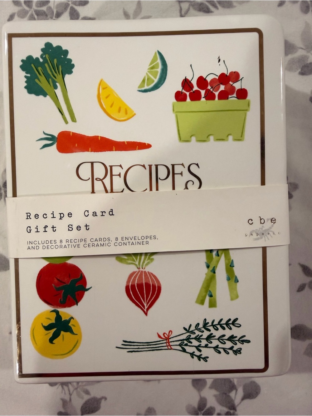 CBE Recipes Ceramic Recipe Card Gift Set – White with Colorful Produce